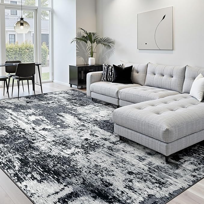 Washable Area Rugs Square 7ft Non-Slip Modern Abstract Soft for Living Room Entryway Bedroom Nursery, Print Pattern, Black Navy Blue Gray