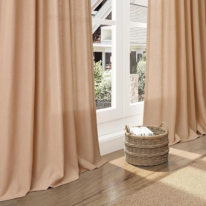 Nanspring Camel Linen Curtains for Living Room Extra Long 112 Inches Long Back Tab Light Filtering Semi Sheer Curtain Vintage Rustic Decor Floor to Ceiling High Window for Bedroom 52x112, 2 Panels