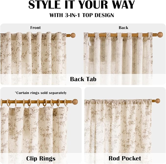 Lazzzy Taupe Floral Linen Curtains 96 Inch Farmhouse Back Tab Drapes for Living Room Bedroom Light Filtering Vintage Grandmillennial Rod Pocket Curtains, 2 Panels, W38 x L96, Taupe on Beige