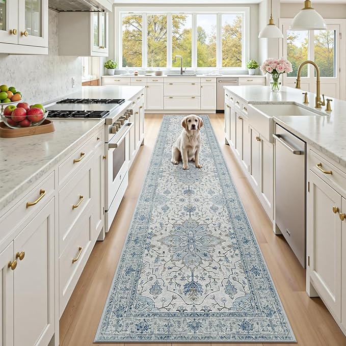 RELEANY Area Rugs 3'x10' Runner Rug Non Slip Washable for Kitchen Hallway Bedroom Beside Laundry Room Bathroom Rug, Floor Carpet, Light Blue Navy Beige Gray White