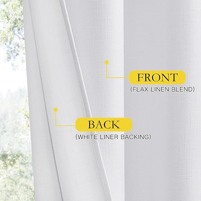 NICETOWN 100% Absolutely Blackout Linen Curtains with Thermal Insulated White Liner, White, 52 inches Wide, 90 inches Length Energy Saving Curtains for Living Room 2 Panels Set, Vertical Blinds