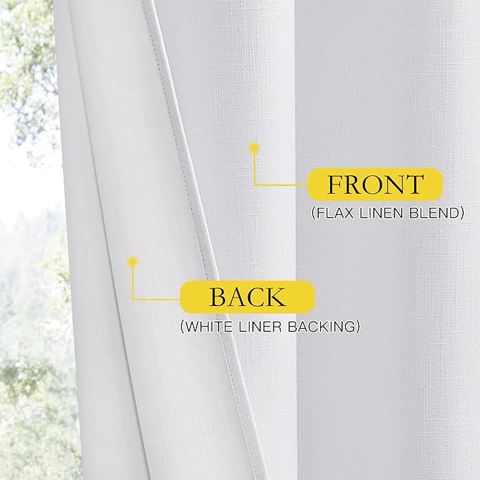 NICETOWN 100% Absolutely Blackout Linen Curtains with Thermal Insulated White Liner, White, 42 inches Wide, 84 inches Length Energy Saving Curtains for Living Room 2 Panels Set, Vertical Blinds