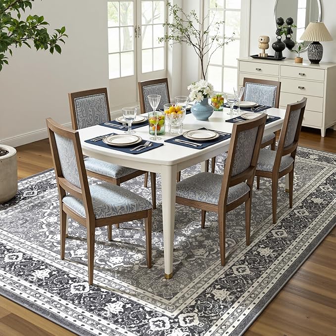 Lofus 8x10 Area Rugs for Living Room, Machine Washable Non-Slip Area Rug, Low Pile Large Rugs for Bedroom, Kitchen, Dining Room, Home Office, Vintage Oriental Print Rug, Light Grey with White