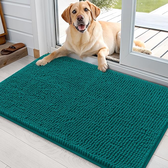 OLANLY Dog Door Mat for Muddy Paws 35x24, Absorbs Moisture and Dirt, Absorbent Non-Slip Washable Doormat, Quick Dry Chenille Mud Mat for Dogs, Entry Indoor Entryway Carpet for Inside Floor, Lake Blue