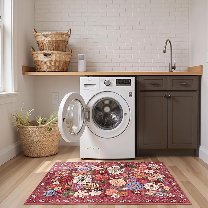 2x5 Entryway Runner Rugs, Non Slip Washable Rugs with Rubber Backing Soft Floral Carpet Runner for Kitchen, Laundry, Bedroom, Bathroom(2 x 5, Red Garden)