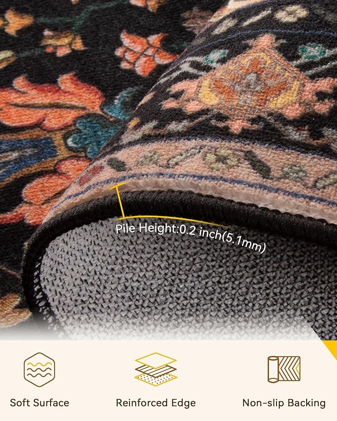 Area Rugs 7'x10' Washable Non-Slip, Floral Vintage Distress Print Pattern Medallion Carpet for Living Room Bedroom Dining Room, Black Colorful Floral Dark Tan