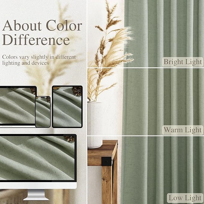 Desert Sage Linen Curtains for Living Room 100 Inches Long Light Filtering Semi Sheer Curtain Back Tab Rustic Farmhouse Decor Elegant Luxury Boho Drapes for Bedroom Dinner Room 52x100, 2 Panels