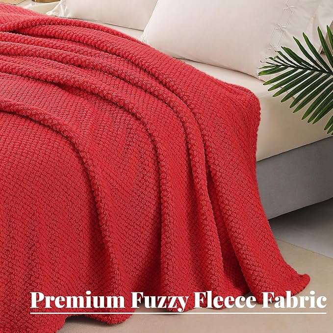Whale Flotilla Queen Size Fuzzy Fleece Blanket for Bed, 90x90 Inch Fluffy Warm Soft Jacquard Blankets for All Season, Lightweight and Cozy, Red