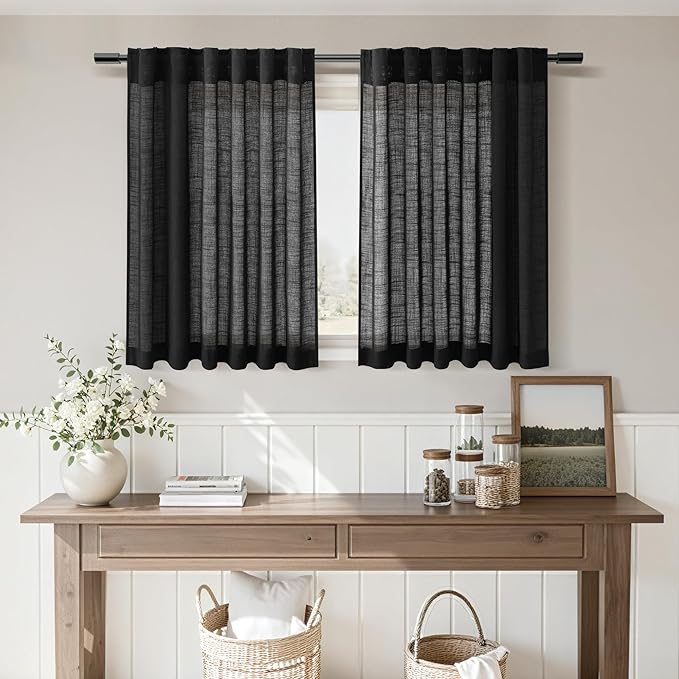 Nanspring Short Linen Curtains 36 Inch Length for Kitchen Windows Over Sink Black Privacy Panels Back Tab and Rod Pocket Neutral Curtains for Cafe/Basement 26 x 36 Inch,2 Panels