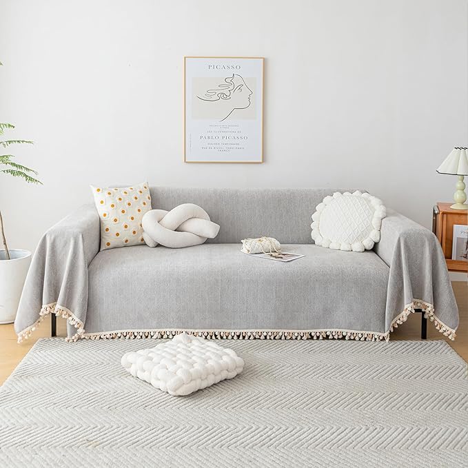 HANDONTIME Grey Sofa Cover for Couch Boho Couch Cover for 3 Seat Couches Dog Couch Cover Love Seat Couch Covers Light Grey Sectional Cover 91" X134" Tassel Chenille Herringbone Sofa Covers