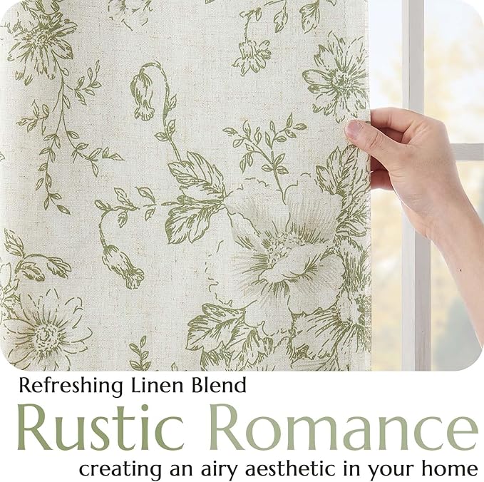 jinchan Blackout Floral Curtains for Living Room Bedroom Linen Blend Curtain Farmhouse Green Printed with Lined Back Tab Rod Pocket Drapes Window Treatments 2 Panels 96 Inch