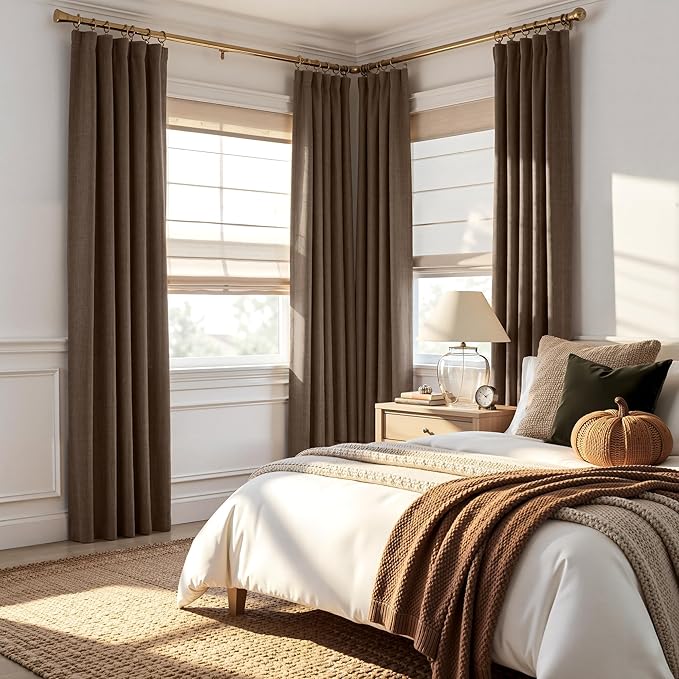 RYB HOME 100% Blackout Linen Textured Curtains 96 inches Long, Thermal Insulating Privacy Energy Saving for Bedroom Living Room Window Office Theater Dining Nursery, W 52 x L 96 in, Coffee, 2 Panels