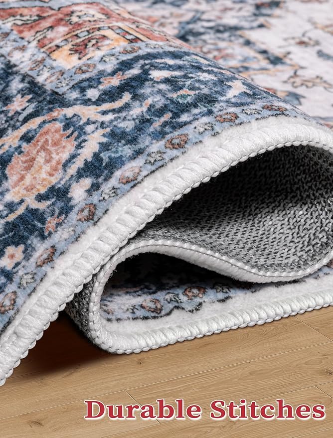 SERISSA Boho Washable Runner Rug, 2x6 Rug Non-Slip Vintage Blue Orange Hallway Kitchen Runner Rug Ultra Soft Print Distressed Tribal Floor Carpet for Bedroom Bathroom Laundry Room