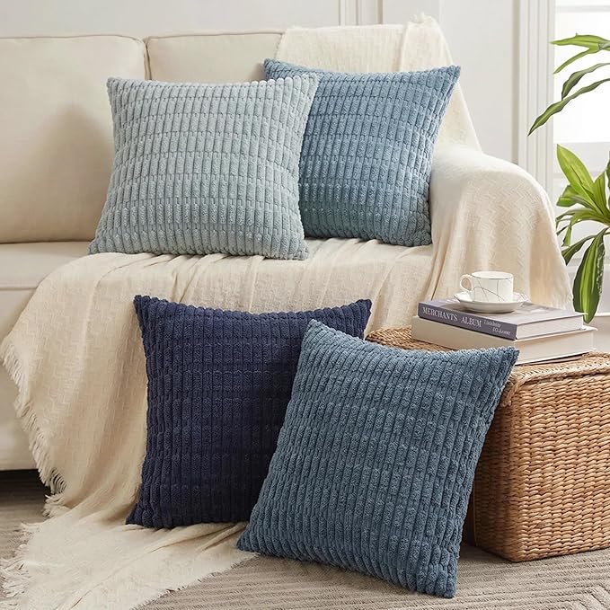 Fancy Homi Set of 4 Blue Boho Decorative Throw Pillow Covers 22x22 Inch for Couch Bed Sofa, Aesthetic Modern Bohemian Room Decor, Soft Fuzzy Cozy Corduroy Textured Coastal Blue Cushion Case 55x55cm