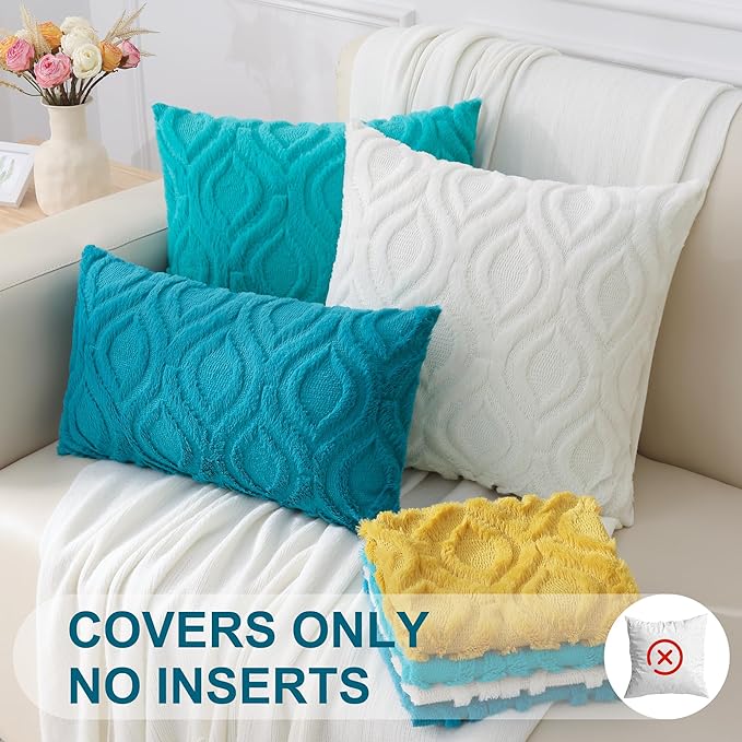 decorUhome Summer Throw Pillow Covers 16x16 Inch Set of 2, Soft Plush Faux Wool Teal Solid Couch Pillow Covers, Accent Farmhouse Neutral Square Pillow Cases for Sofa Bed Living Room