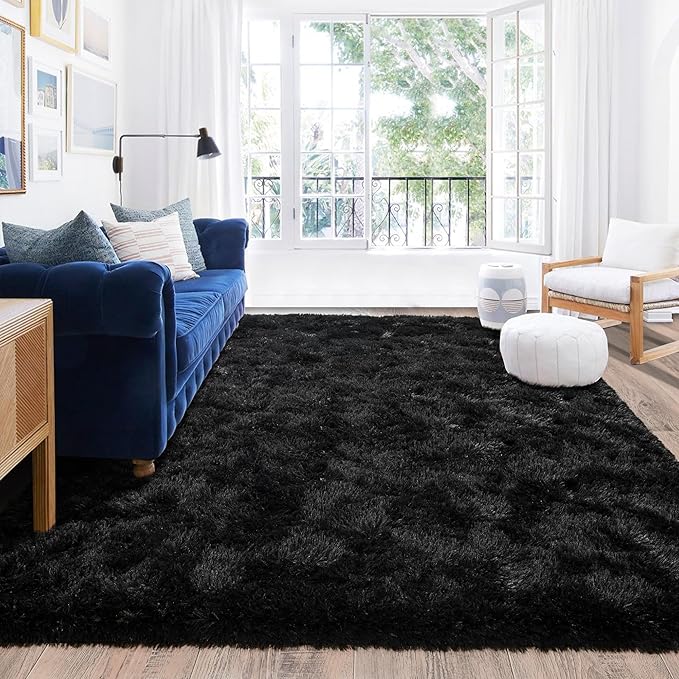 Black Rugs for Living Room 10x14, Soft Shaggy Modern Shag Area Rug for Bedroom, Upgrade Non-Slip Plush Fluffy Carpet for Kids Boys Girls Room Home Decor Aesthetic