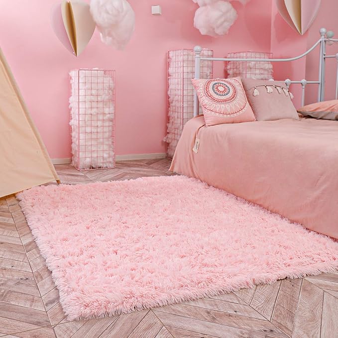 Ophanie Pink Area Rugs for Bedroom Girls, 6x9 Kids Fluffy Fuzzy Furry Shag Carpet, Plush Soft Cute Baby Shaggy Bedside Indoor Floor Rug for Teen Dorm Home Decor Aesthetic, Nursery