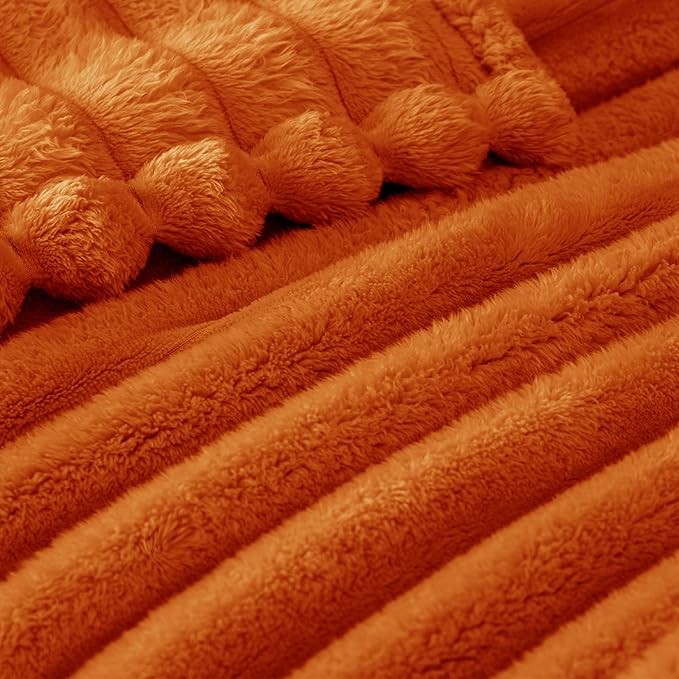 Exclusivo Mezcla Twin Size Flannel Fleece Blanket, Super Soft Striped Jacquard Bed Blanket, Lightweight Fuzzy Cozy for All Seasons, 60x80 Inches, Burnt Orange