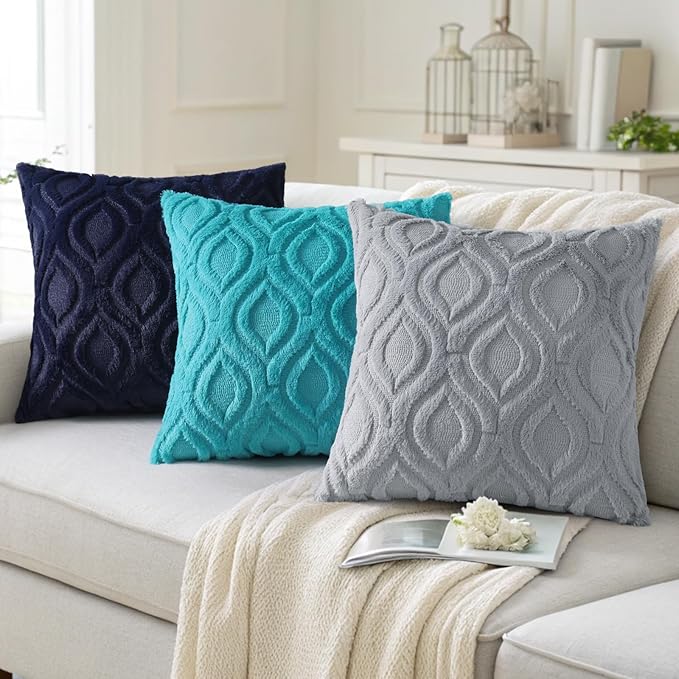 decorUhome Summer Throw Pillow Covers 24x24 Inch Set of 2, Soft Plush Faux Wool Navy Blue Solid Couch Pillow Covers, Accent Euro Sham Farmhouse Neutral Square Pillow Cases for Sofa Bed Living Room