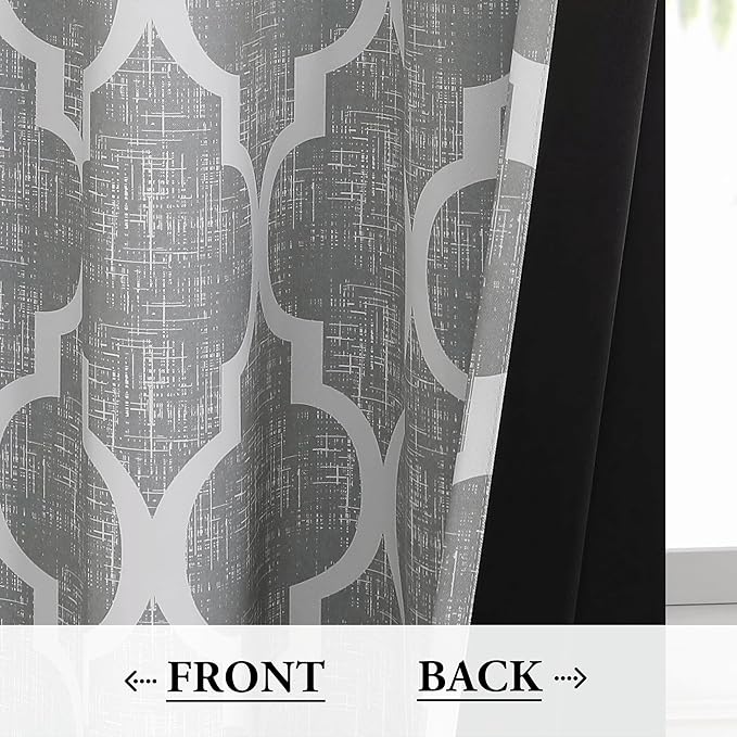 Beauoop 100% Blackout Curtains 84 Inches Long 2 Panels for Bedroom Living Room Grey Moroccan Geo Room Darkening Thermal Insulated Soundproof Rod Pocket Back Tab Window Treatments Drapes, 50x84