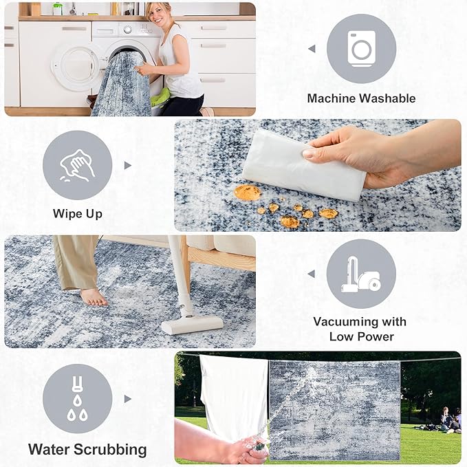 Area Rugs Living Room Rug - 5x7 Washable Modern Abstract Soft Neutral Non-Slip Carpet Large Indoor Floor Thin Carpets for Bedroom Dining Room Farmhouse Nursery Home Office Grey Blue