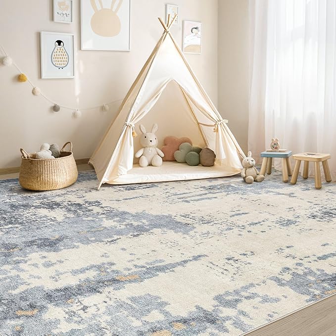 UERMEI 6x9 Area Rug Living Room Rugs - Washable Neutral Modern Abstract Soft Thin Rug Indoor Floor No Slip Rug Carpet for Bedroom Under Dining Table Home Office Decor - Blue/Light Brown