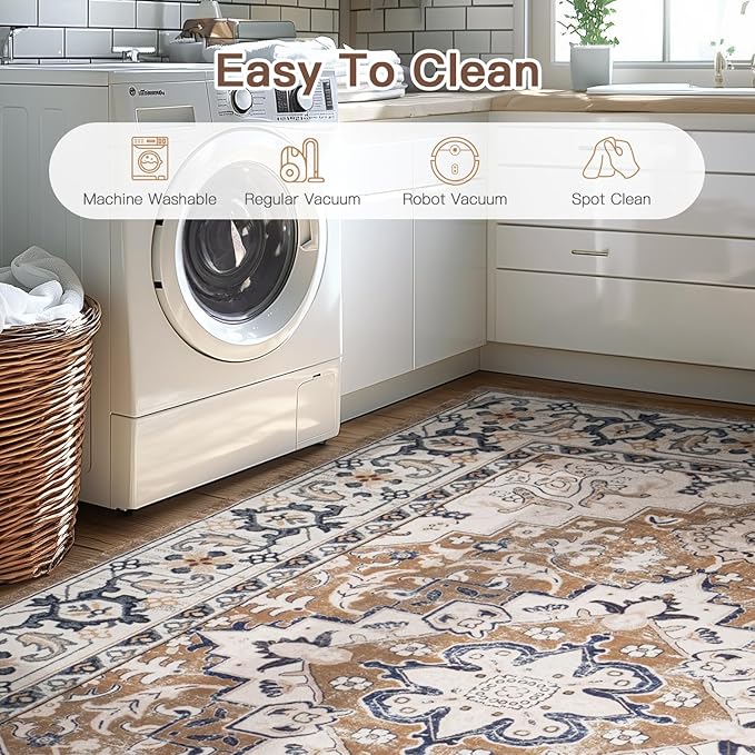 Lofus 5x8 Area Rugs for Living Room, Washable Area Rug, Rugs for Bedroom, Kitchen, Vintage Boho Carpet, Soft Non-Slip, Low Pile Large Area Rug for Office Dining Room, Floral Brown