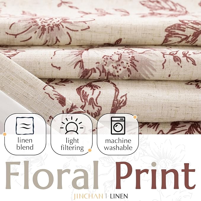 jinchan Lined Linen Blend Curtain Floral Curtains for Living Room 90 Inches Long Farmhouse Red Flower Printed Curtain Rod Pocket Back Tab Peony Patterned Drapes Curtains Set 2 Panels