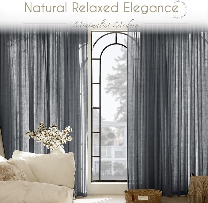 Dark Gray Curtains for Living Room Back Tab Modern Farmhouse Semi Sheer Gray Curtains 84 inches Long 2 Panels Set Muted Neutral Window Curtain for Dining Room Bedroom 52x84