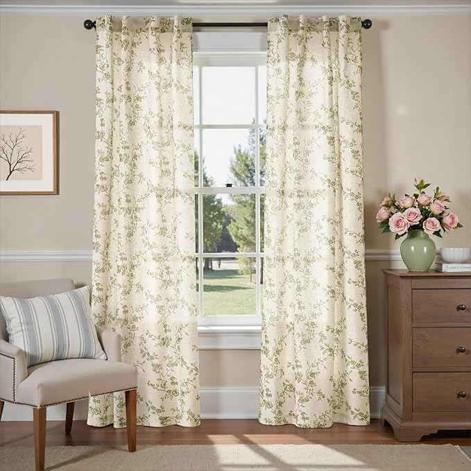 Lazzzy Green Floral Linen Curtains 84 Inch Farmhouse Back Tab Drapes for Living Room Bedroom Light Filtering Vintage Grandmillennial Rod Pocket Curtains, 2 Panels, W38 x L84, Green on Beige