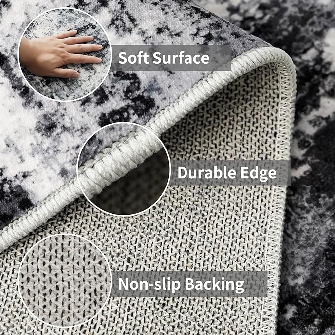 3x16 Washable Runner Rug for Hallway: Extra Long Runners for Entryway Living Room Dining Room - Stain and Water Resistant Rugs with Non-Slip Backing - Soft Low-Pile Carpet Black Grey