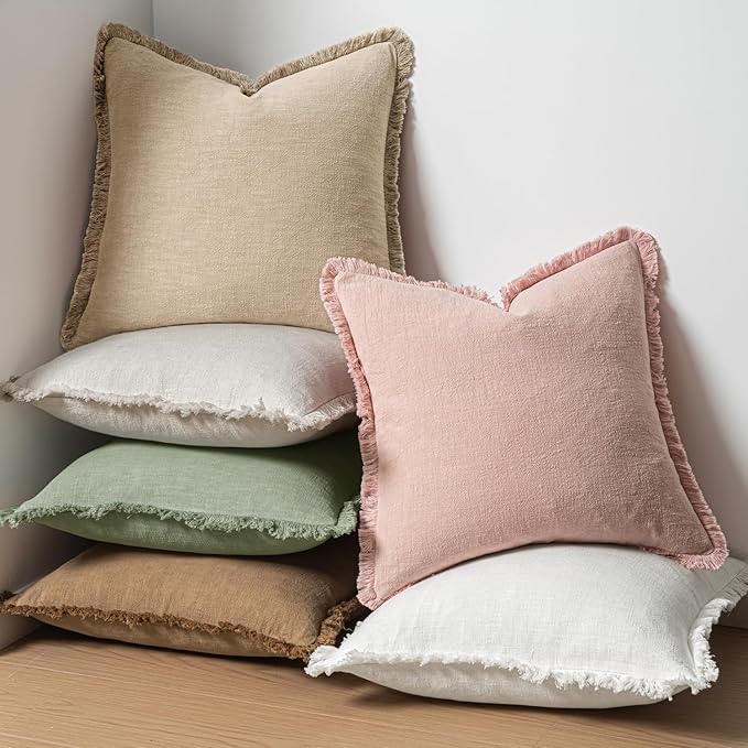MIULEE Decorative Throw Pillow Covers Neutral Linen Fringe Throw Pillows Euro Shams Set of 2 Sage Green Boho Farmhouse Cushion Covers for Couch Sofa Bed Living Room Spring Home Decor 24x24 Inch