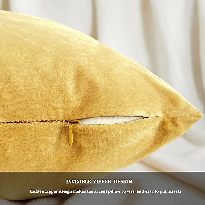 GIGIZAZA 18x18 Yellow Velvet Decorative Throw Pillow Covers for Sofa Bed 2 Pack Soft Cushion Cover