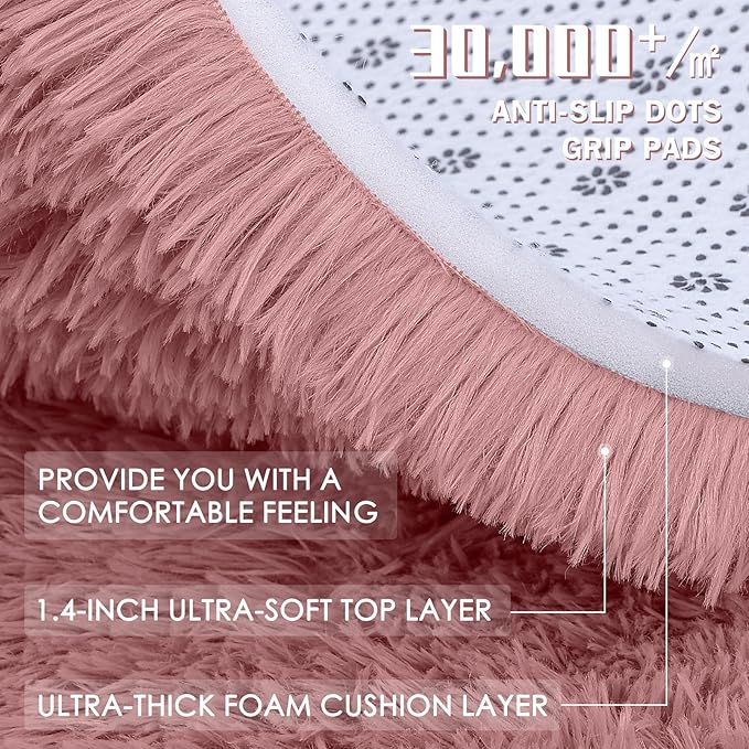 OLANLY Pale Pink Round Rugs for Bedroom - Machine Washable, 2 ft Circle Area Rugs for Living Room, Soft and Fluffy Shaggy Carpet for Teen Girls and Boys, Nursery Rooms, Dorms, Home Decor Aesthetic