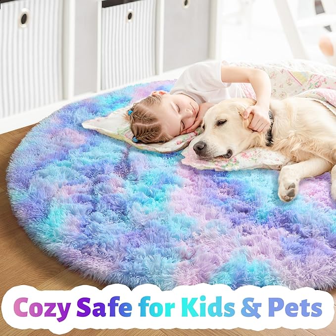 Amdrebio Purple Rainbow Round Rug 6Ft for Bedroom Girls Room Decor, Mermaid Stitch Frozen Kids Rugs for Playroom Nursery Classroom, Fluffy Fuzzy Cute Shag Carpet, Plush Circle Area Rugs for Princess