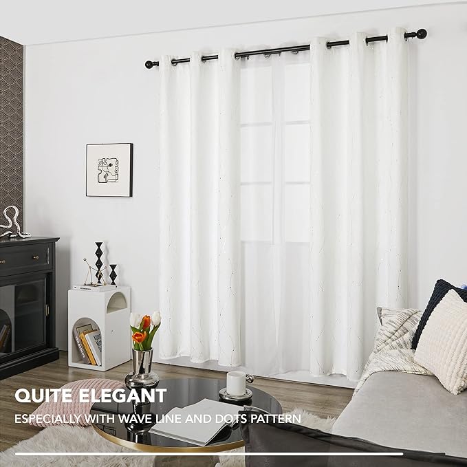 Deconovo White Curtains 95 Inches Long, Room Darkening Curtain, Thermal Insulated Soundproof Drapes, Wave Dots Silver Print, Grommet Top, Window Panels for Living Room Bedroom Sliding Door, Set of 2