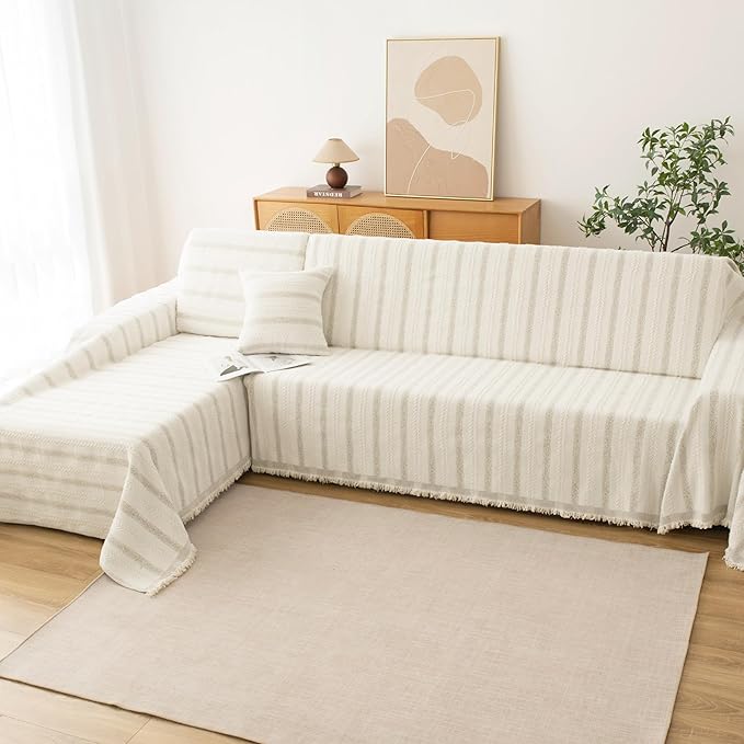Boho Sofa Covers for 3 Cushion Couch, Chenille Sofa Slipcover for Pets Washable, L-Shape Sectional Loveseat Cover Soft Throw Blankets with Tassels(71x134,Striped Beige)