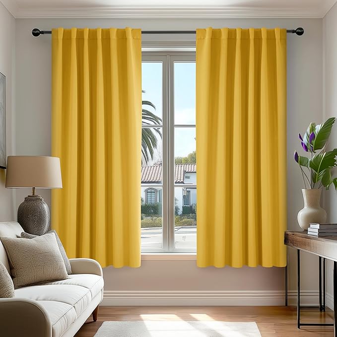 Deconovo Solid Back Tab and Rod Pocket Curtains Thermal Insulated Blackout Window Curtains for Kitchen 52Wx54L Inch Mellow Yellow 2 Panels