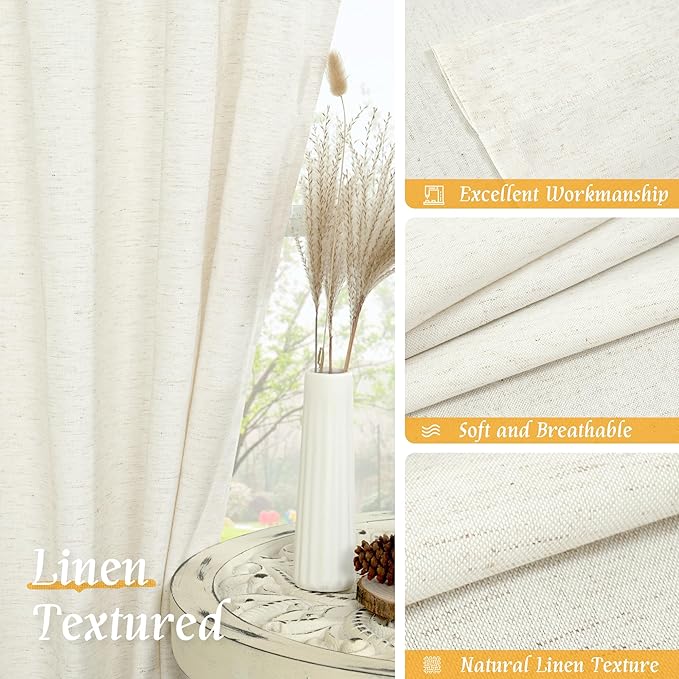 LAMIT Natural Linen Blended Curtains 63 Inch for Bedroom, Light Filtering Semi Sheer Living Room Curtains Farmhouse Boho Rod Pocket Privacy Drapes for Dining Room, 2 Panels (52 x 63 Inch, Cream)