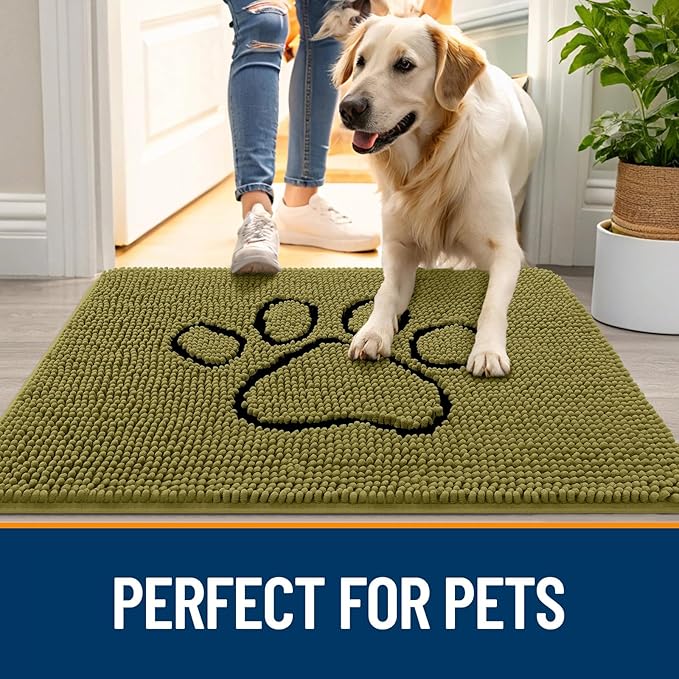 OLANLY Dog Door Mat for Muddy Paws 30x20, Paw Print Design, Absorbs Moisture and Dirt, Non-Slip Washable Doormat, Quick Dry Chenille Mud Mat for Dogs, Entry Indoor Entryway Carpet, Willow Green