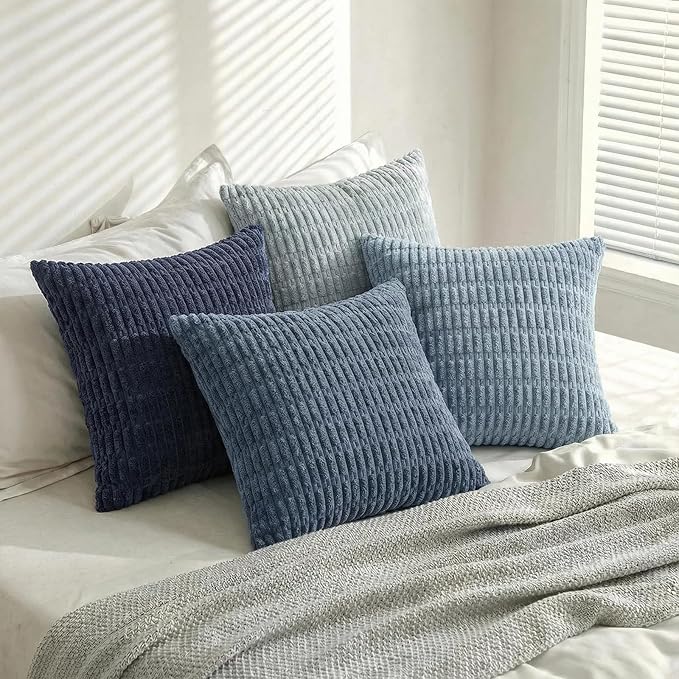 Fancy Homi Set of 4 Blue Boho Decorative Throw Pillow Covers 26x26 Inch for Couch Bed Sofa, Aesthetic Modern Bohemian Room Decor, Fuzzy Fluffy Cozy Corduroy Textured Coastal Blue Cushion Case 66x66cm