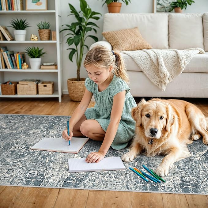 4x12 Washable Hallway Runner Rug - Wide Kitchen Runners Vintage Low Pile Carpet Soft Thin Floor Runner with Rubber Backing for Entryway Bedroom Living Room Home Decor (Blue)