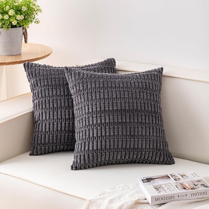 Pack of 2 Corduroy Decorative Throw Pillow Covers 26x26 InchSoft Striped Pillow Covers Modern Farmhouse Home Decor for Sofa Living Room Couch Bed（Dark Grey）
