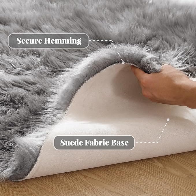 ORINOVA Silver Grey Shag Faux Sheepskin Fuzzy Fur Rugs for Bedroom Circle Plush Washable Furry Fur Area Rugs for Living Room Nursery 4ft X 4ft Rug