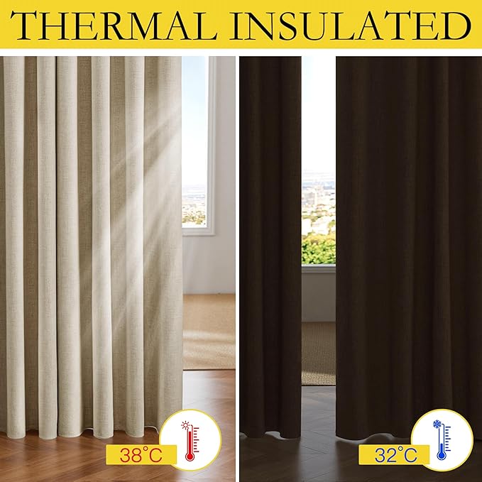 NICETOWN Cream 100% Blackout Linen Curtains 63 inch Long Burg for Kitchen, 1 Pair, 62" Width Each Panel, Farmhouse Thick Completely Blackout Window Treatment Thermal Insulated Drapes