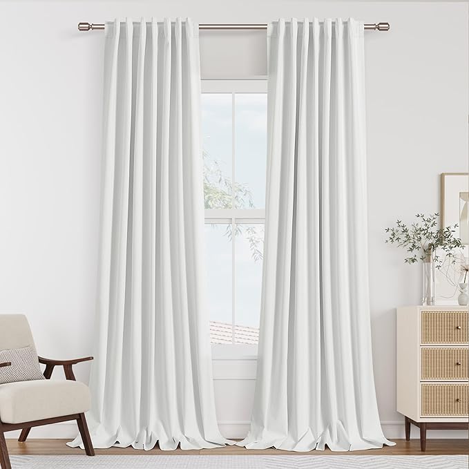 Guken White 100% Blackout Linen Curtains 52 Inch Wide by 138 Inch for Living Room Bedroom Back Tab Thermal Insulated Black Out Linen 2 Drapes Room Darkening Window Curtains