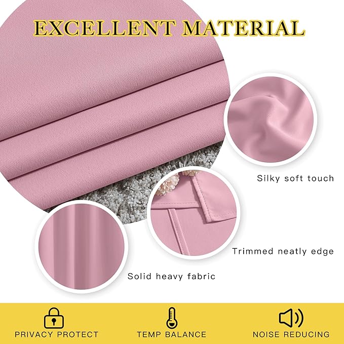 NICETOWN Blackout Curtains for Kids Room - Triple Weave Microfiber Home Thermal Insulated Solid Ring Top Blackout Panels/Drapes for Bedroom(Crystal Pink, Set of 2, 52 x 63 Inch)