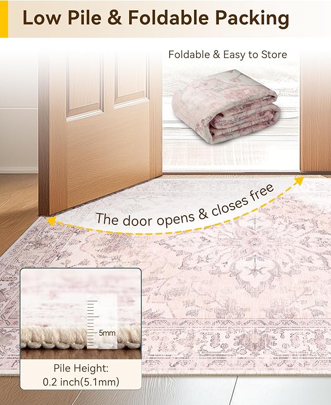 RELEANY Area Rugs 2'x6' Runner Rug Non Slip Washable for Kitchen Hallway Bedroom Beside Laundry Room Bathroom Rug, Floor Carpet, Pink Greypink Cute