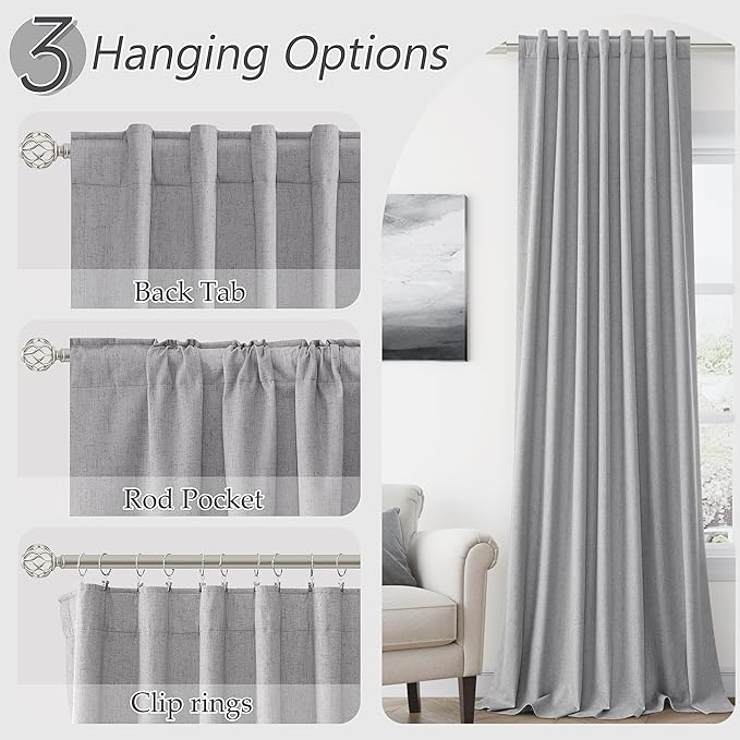 Guken Grey 100% Blackout Curtains 90 Inch Length 2 Panels Set for Living Room Bedroom Back Tab Thermal Insulated Black Out Linen Drapes Room Darkening Window Curtains 90 Inches Long