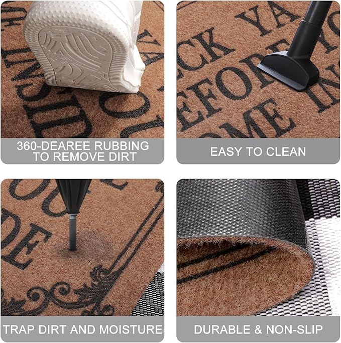 Front Door Door Mat Indoor Outdoor Entrance Doormat Rubber Welcome Door Mat,Check Ya Vibe Before You Come Inside Mats, Anti Slip Easy to Clean Corridor Entry Mat Brown 28" x 18"